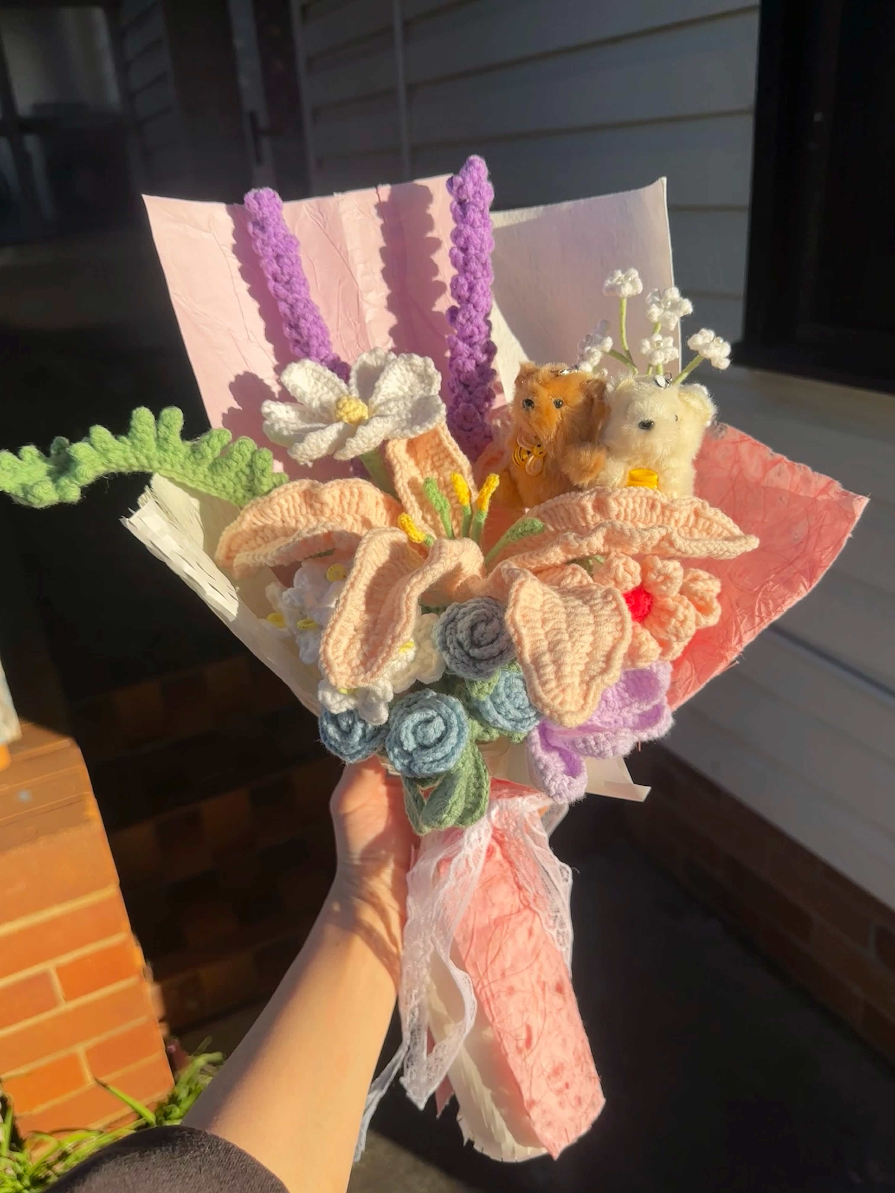Medium - Pink Lily and Bears Bouquet